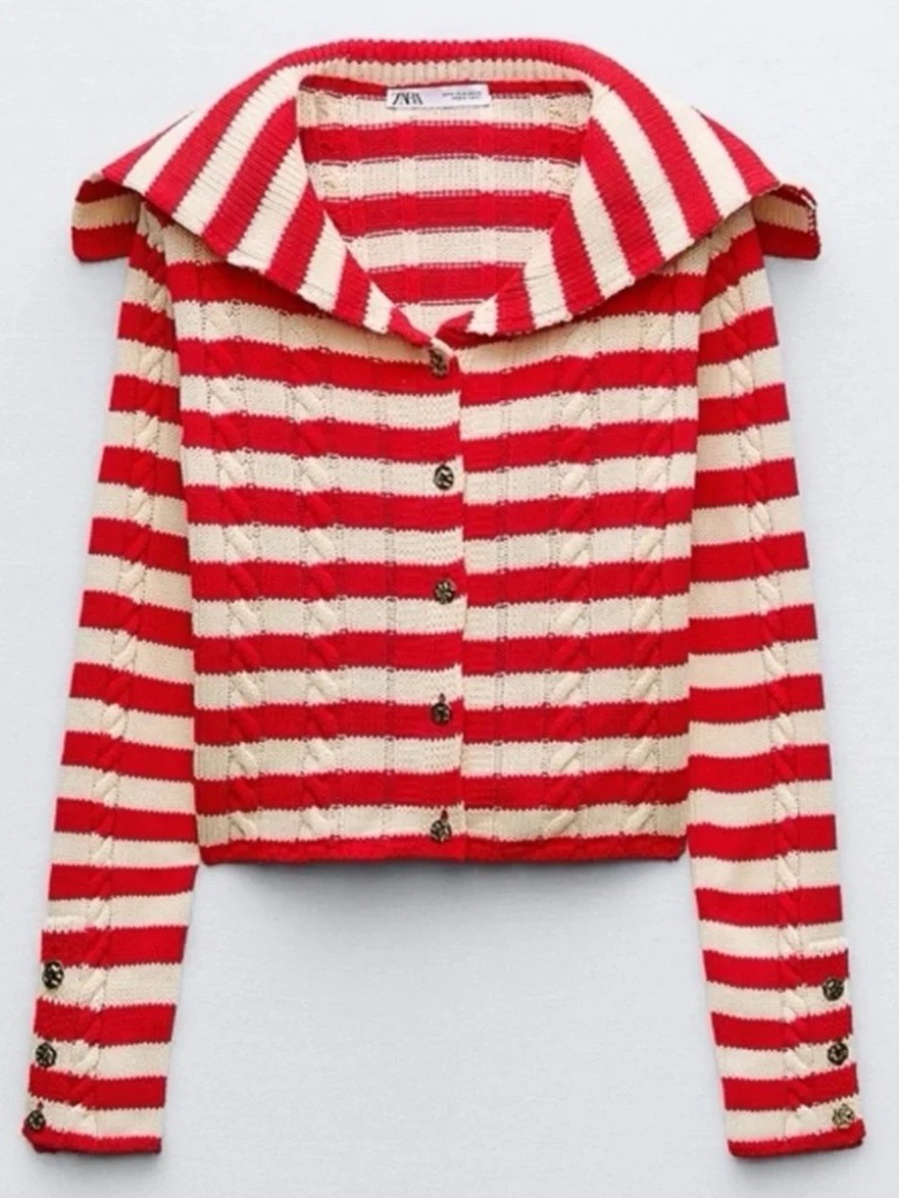 Zara Red and White Striped Knit Sailor Cardigan Size Small
